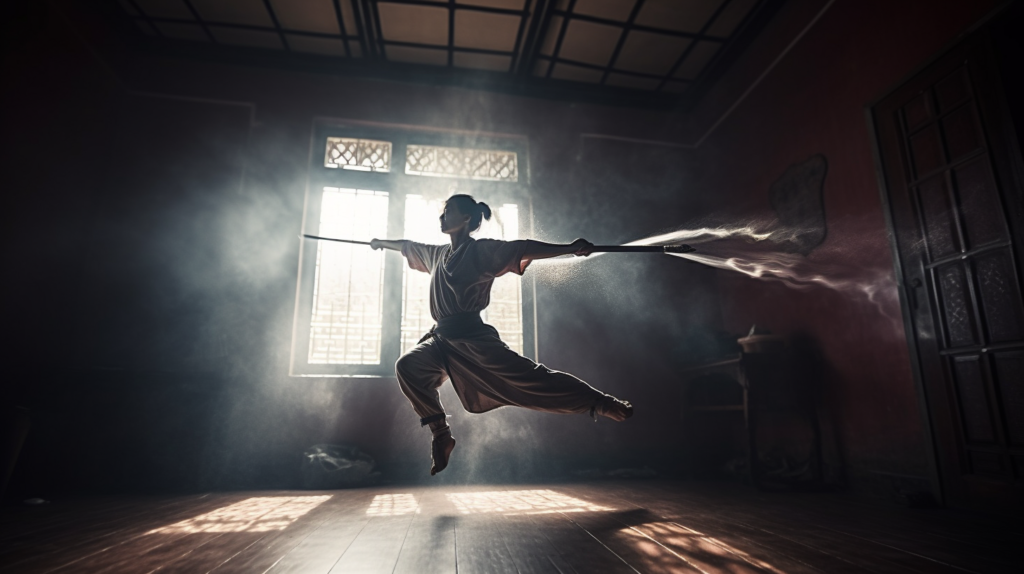 a breathtaking shot of a wushu sword wielder flying through the air with their sword drawn