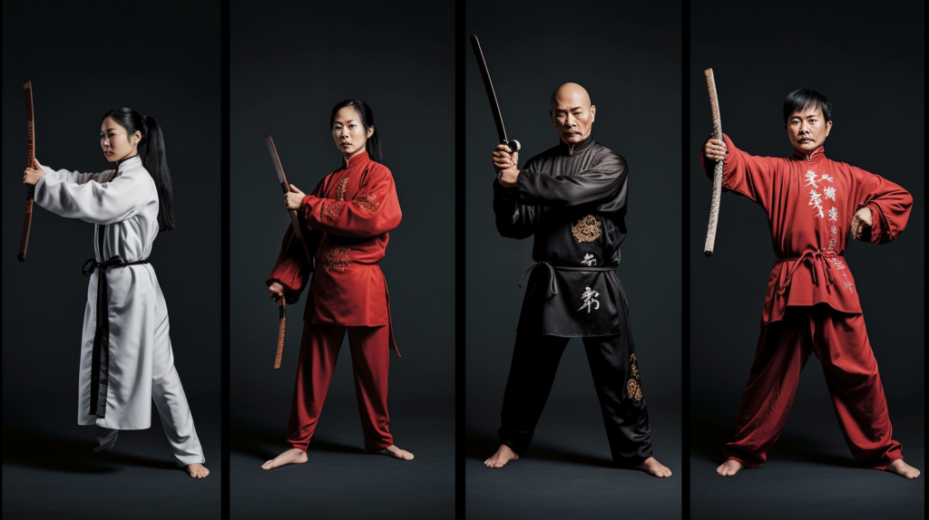  A collage of images showing wushu practitioners of different ages, genders, and skill levels