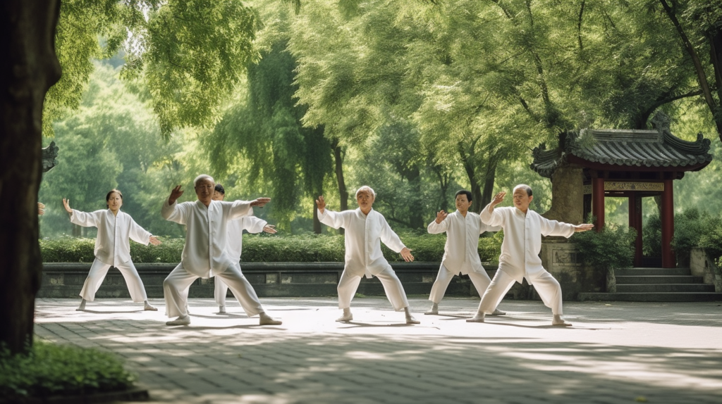 six people practicing Tai Chi in a Chinese park