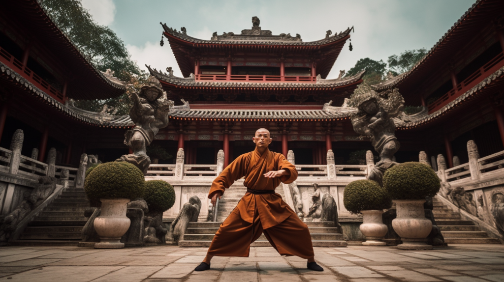 A man practicing Shaolin wushu in front of a temple