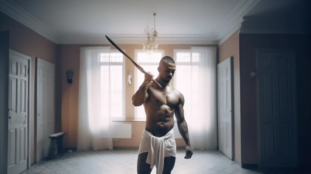 A shirtless wushu practitioner holding a sword