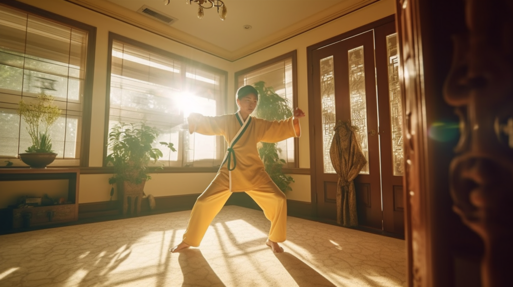 a wushu beginner practicing their stance at home