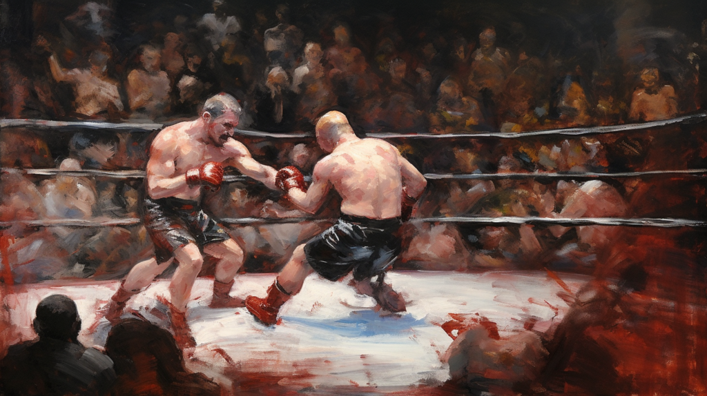 a painting of a MMA fight in a boxing ring