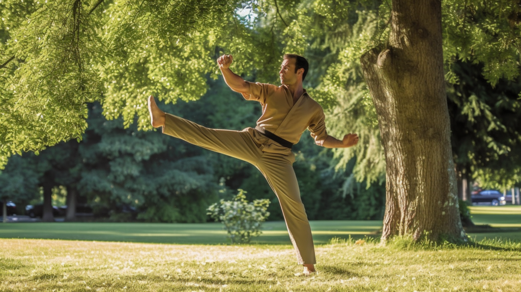 a man practicing a wushu high kick outdoors