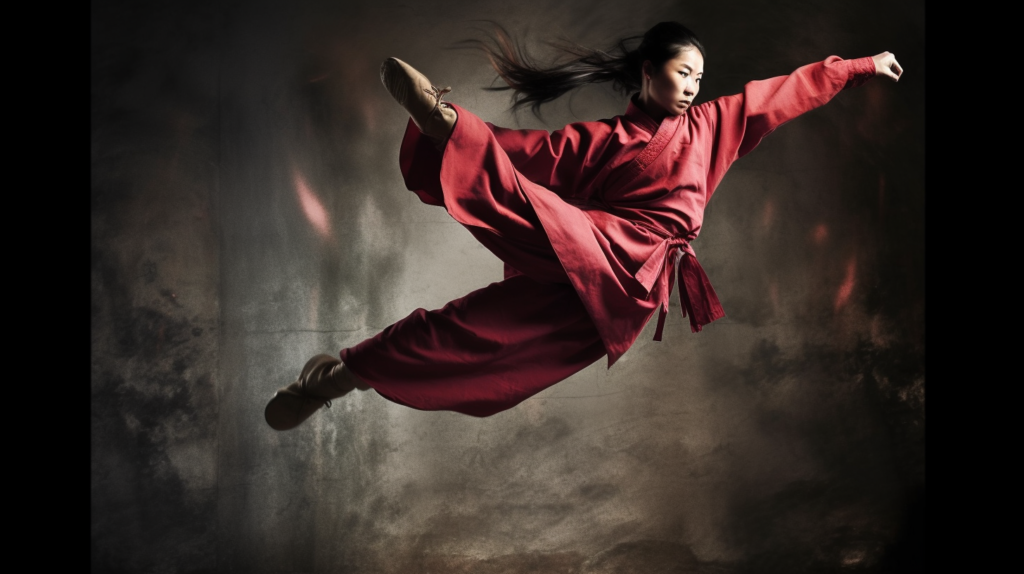 a female Wushu practitioner performing a high-flying kick