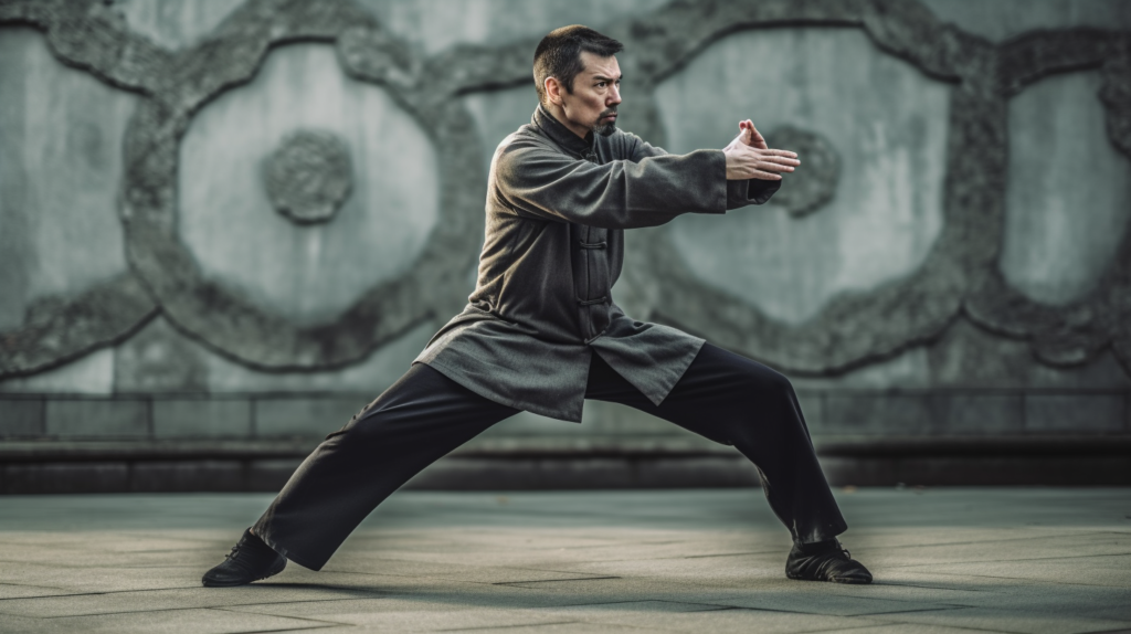 A person doing a kung fu move outside