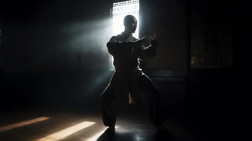 A man practicing the wushu style of Wing Chun in a dark studio
