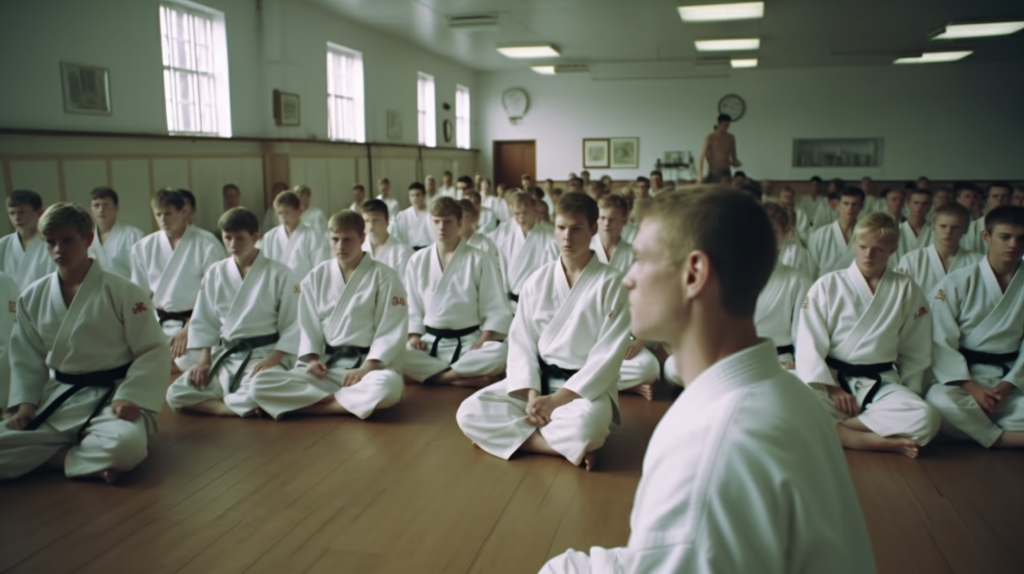 a martial arts class with students sitting on the floor waiting for instruction