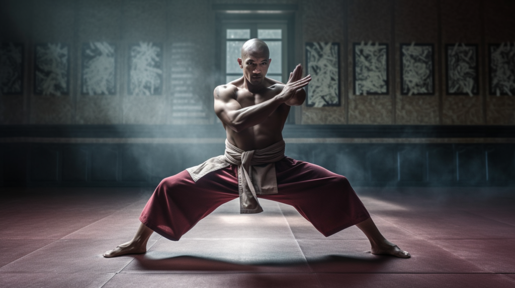 a photo of a martial artist in a wide leg stance