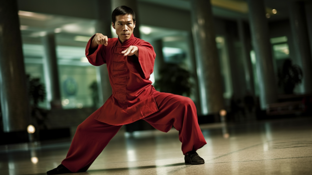 a photo of a wushu practitioner striking a pose