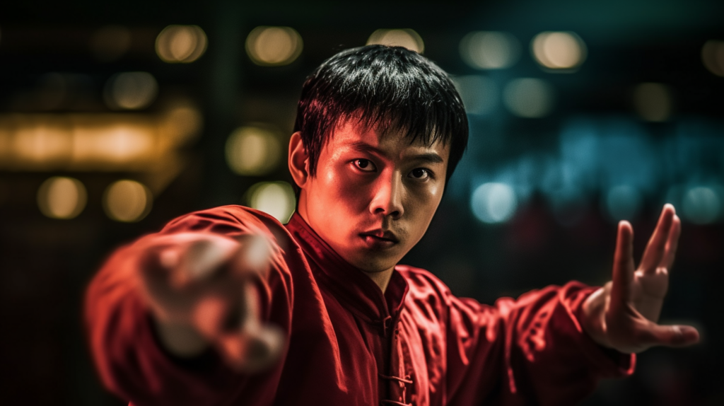 a photo of a wushu competitor preparing to perform