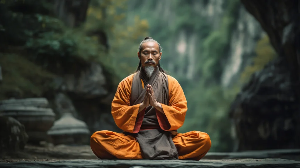 a photo of a Wushu master meditating and practicing mindfulness