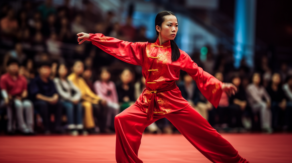 a photo of a woman performing wushu at an international competition