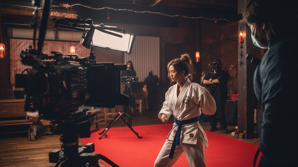 a female wushu practitioner being filmed for a movie on set