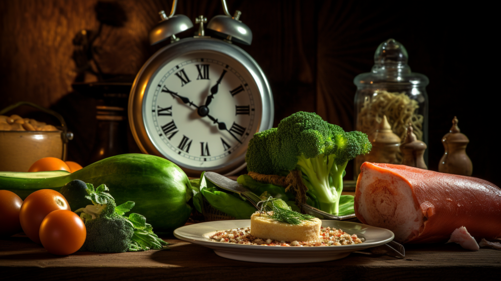 a photo of a healthy meal sitting on a table in front of a clock