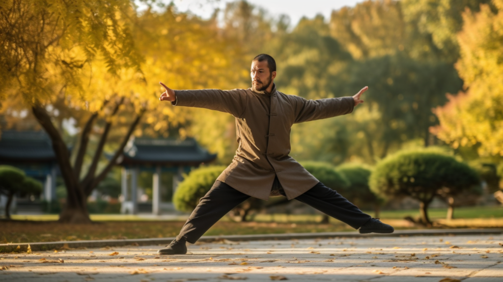 a person doing a wushu move outdoors in a park