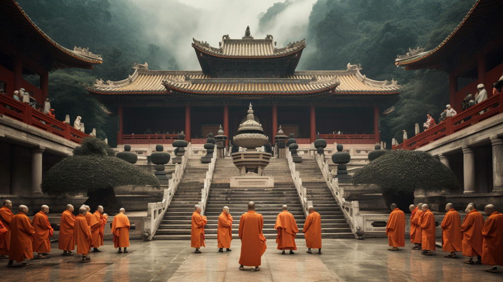 Five monks standing in front of a Shaolin Temple