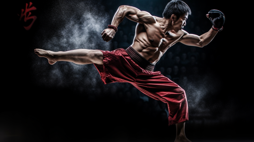a photo of a wushu artist doing a flying kick in the octogon