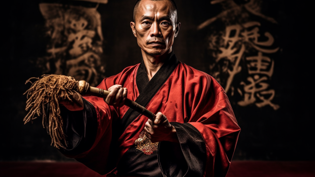 a photo of a wushu warrior holding a Shang Bias