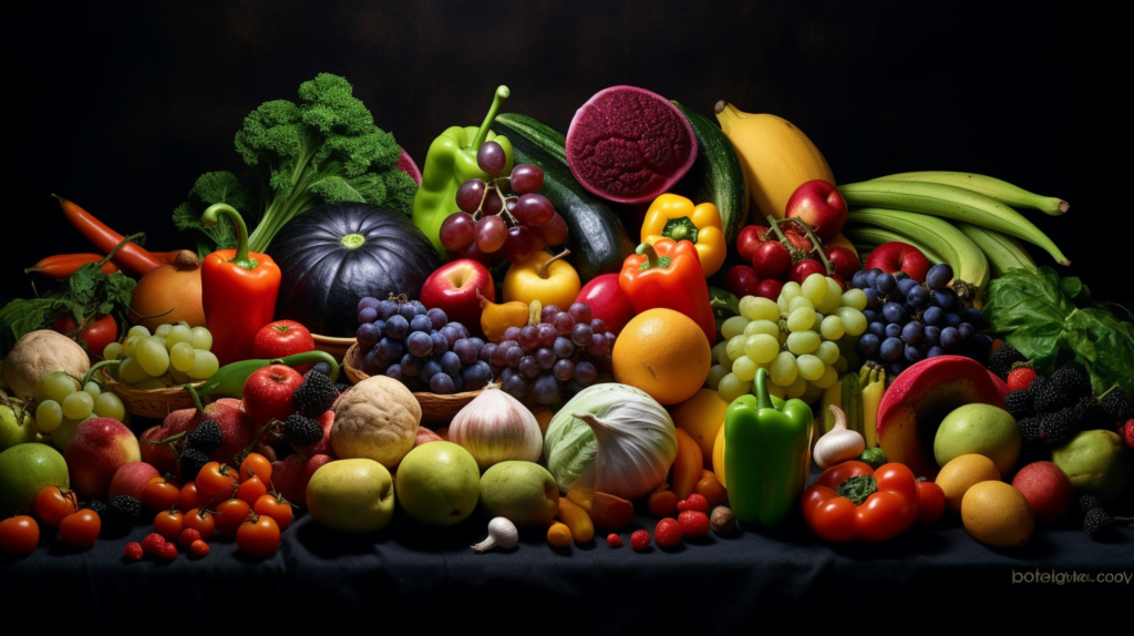 colorful fruits and vegetables sitting on a table
