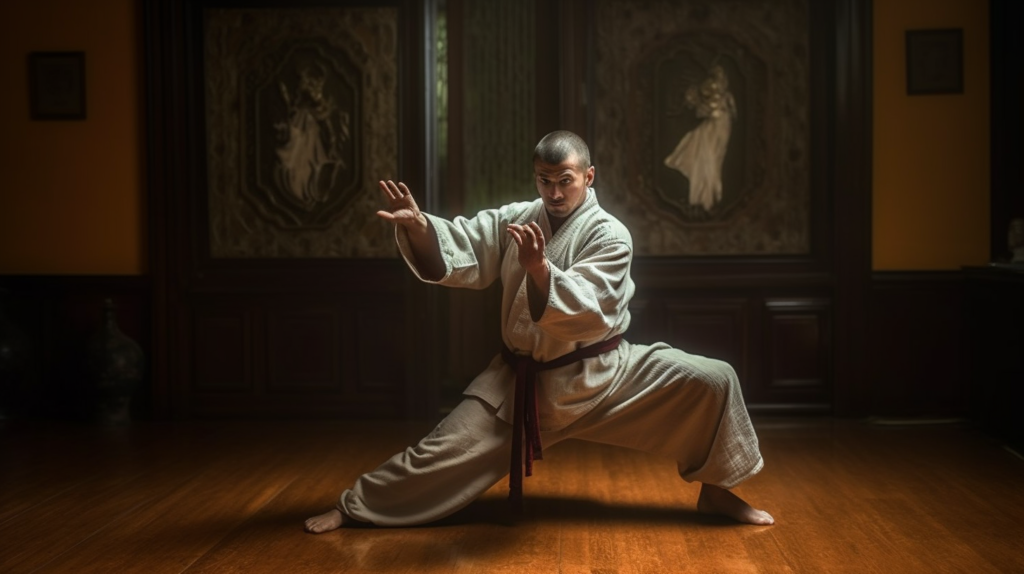 a person doing a wushu stance in a dojo