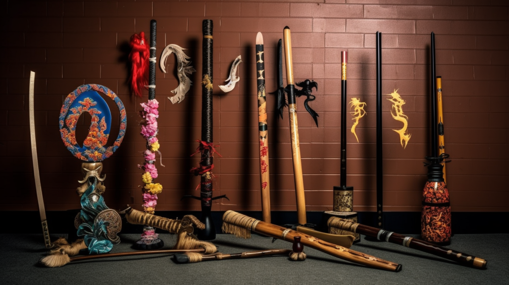 A photo of many weapons that answer the question are there weapons in wushu