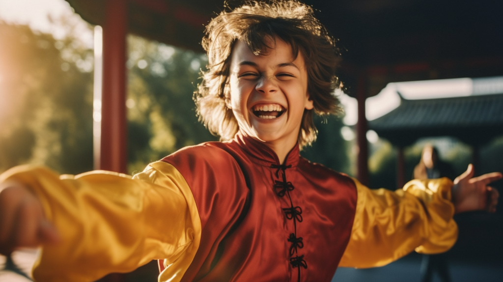 a teenager laughing why practicing wushu moves