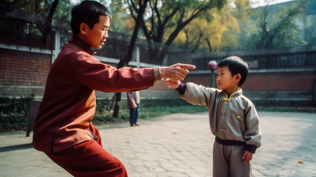 A young student demonstrating his wushu moves to his master