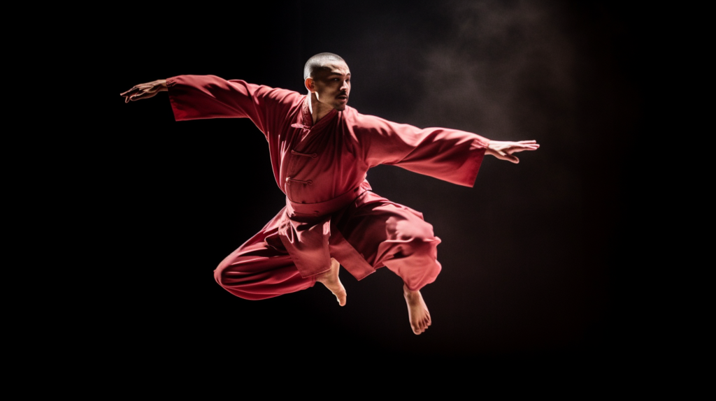 an adult male doing a flying wushu move answering the question can adults learn wushu