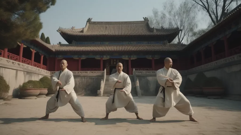 Three men showing multiple wushu styles in front of a shaolin temple