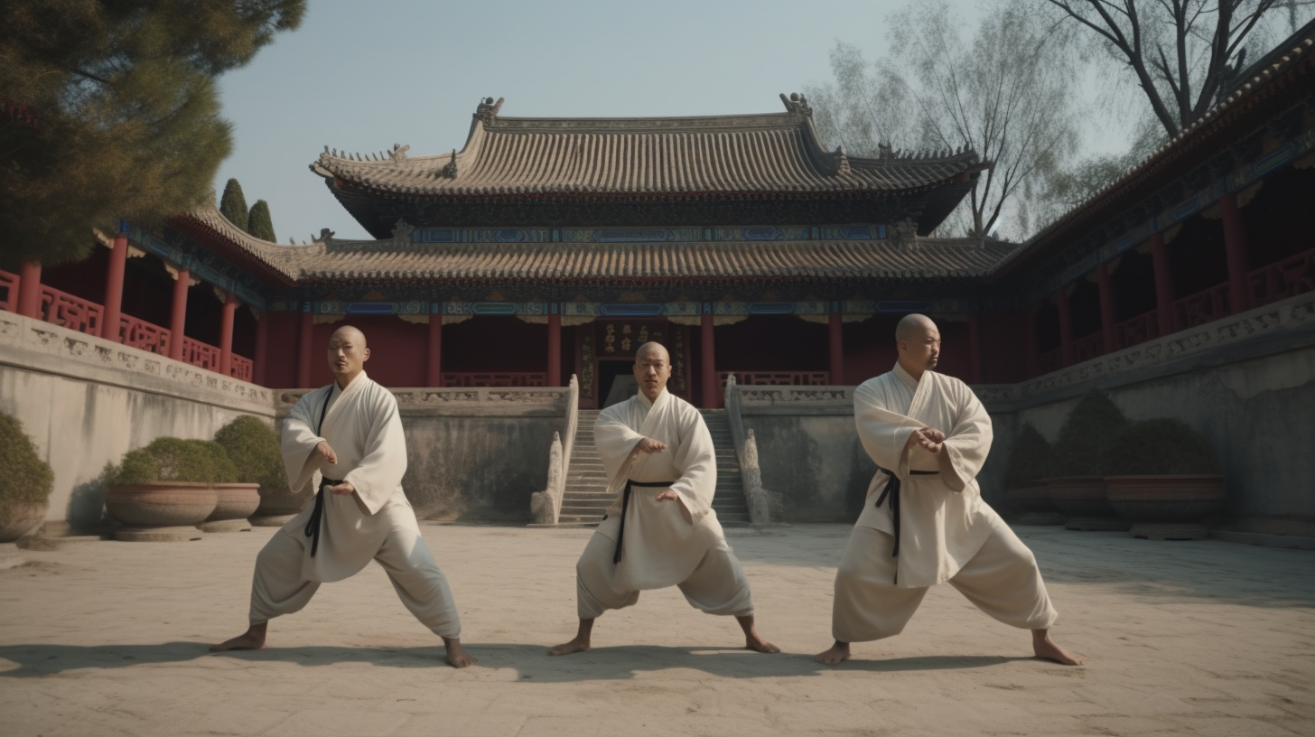 three man practicing wushu styles in front of a temple