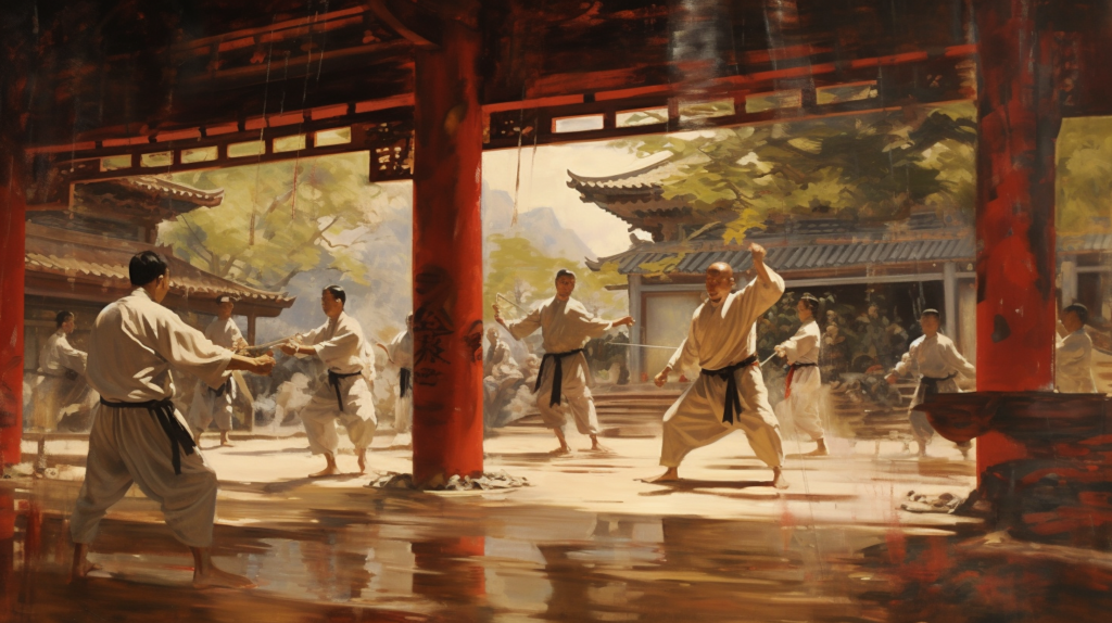a painting depicting martial arts training