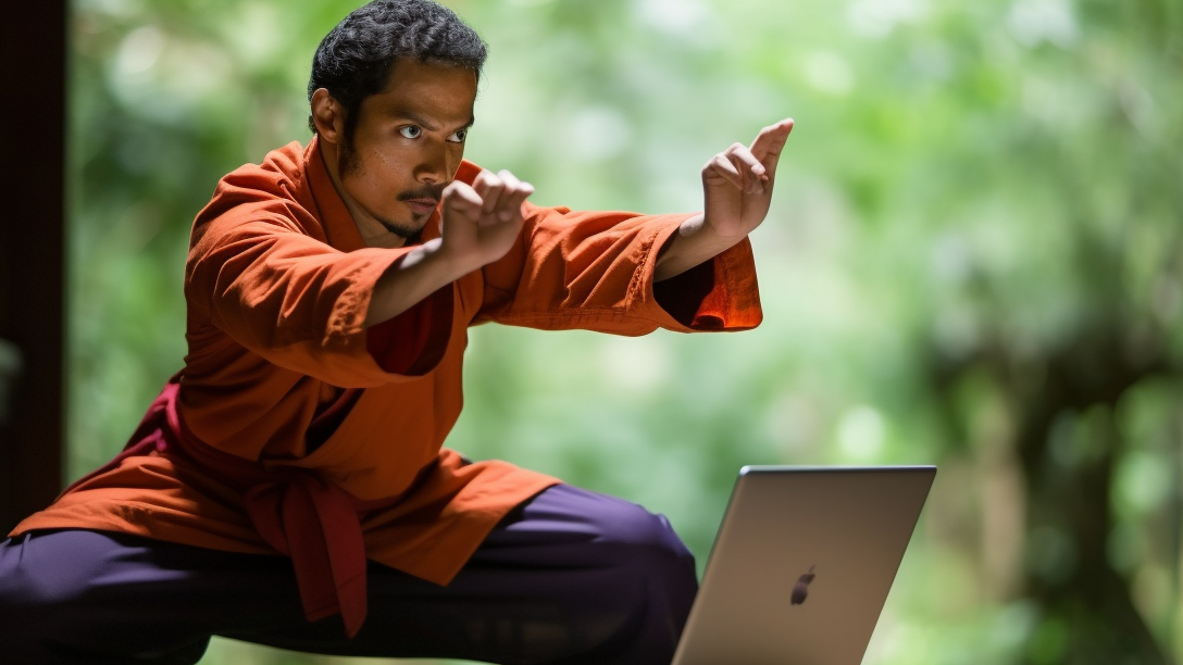 a photo of a man using YouTube to learn wushu