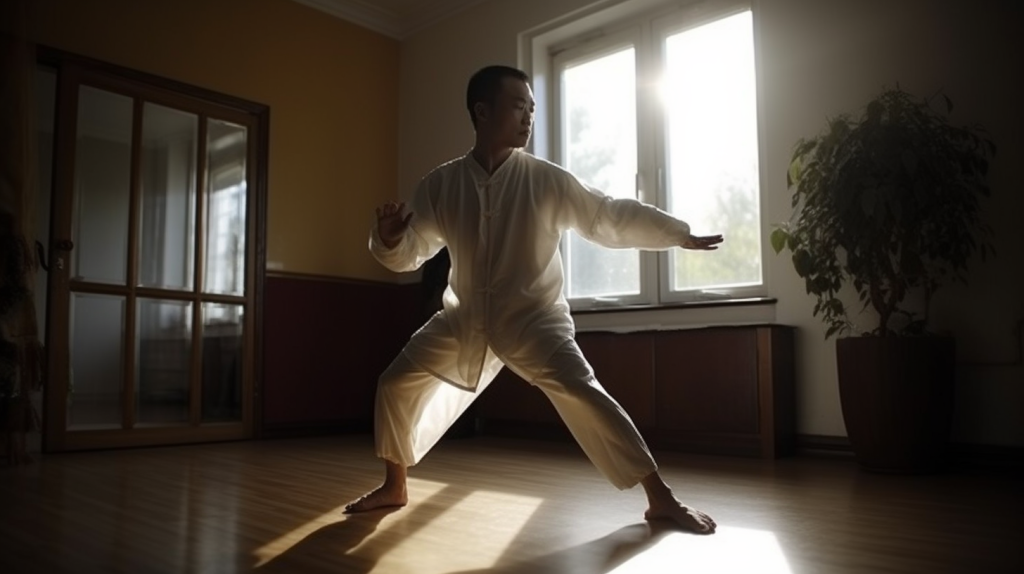 A busy individual practicing Wushu in their living room