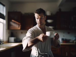 A person practicing Wushu movements while holding a cup of coffee