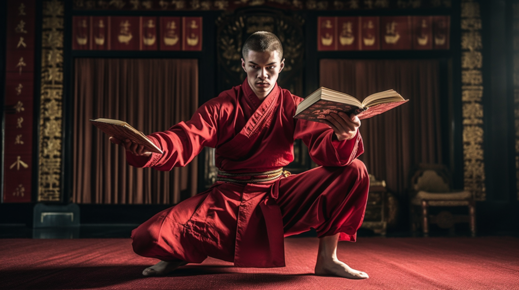 a man practicing wushu while holding books